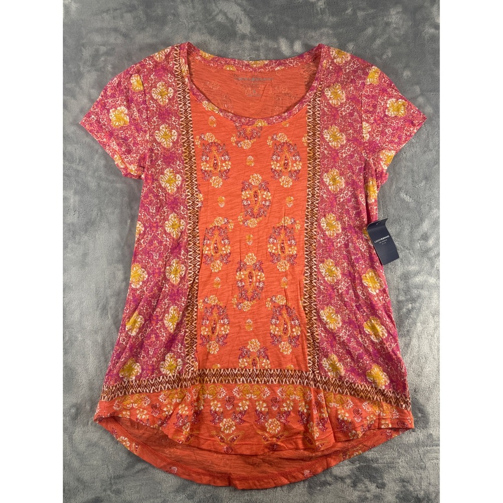 Lucky Brand Womens Boho Floral Paisley Print Slub Knit‎ Scoop Neck Top